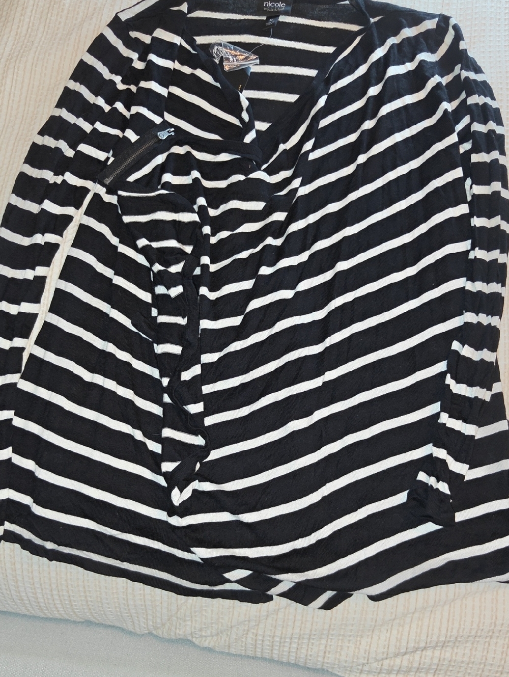 Nicole Miller Black and White Striped Wrap Blouse